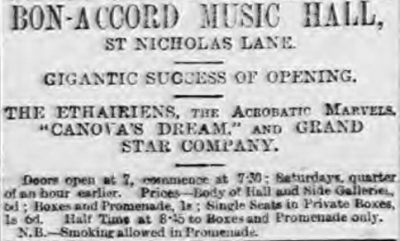 An Advertisement for the Bon-Accord Music Hall, Aberdeen - From the Aberdeen Evening Express, Wednesday the 22nd of August 1888.