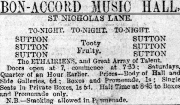 An Advertisement for the Bon-Accord Music Hall, Aberdeen - From the Aberdeen Free Press - Monday the 27th of August 1888.