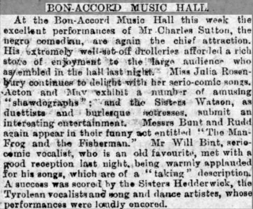 A Review of Charles Sutton at the Bon-Accord Music Hall, Aberdeen - From the Aberdeen Free Press, Tuesday the 4th of September 1888.