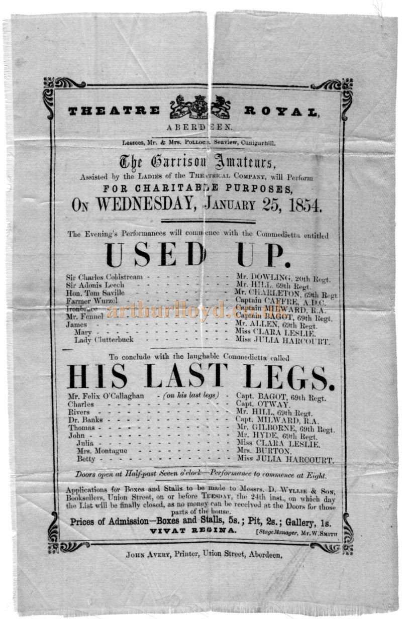 A Silk Programme for the Garrison Amateurs performing 'Used Up' and 'His Last Legs' at the Theatre Royal, Aberdeen on the 25th of January 1854 - Courtesy Michael McEwan