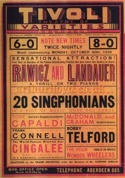 An Aberdeen Tivoli Theatre poster from 1939 - Courtesy Ross Collins. 