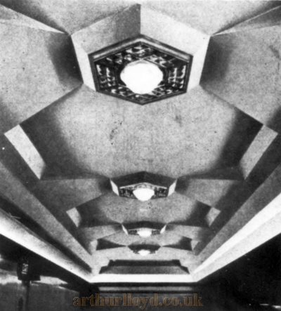 The ceiling of the dress circle is also boldly decorated in green and gold. It extends the full width of the theatre, over the gangway, behind the back row of seats - From The Architect's Journal, 3rd of December 1930.
