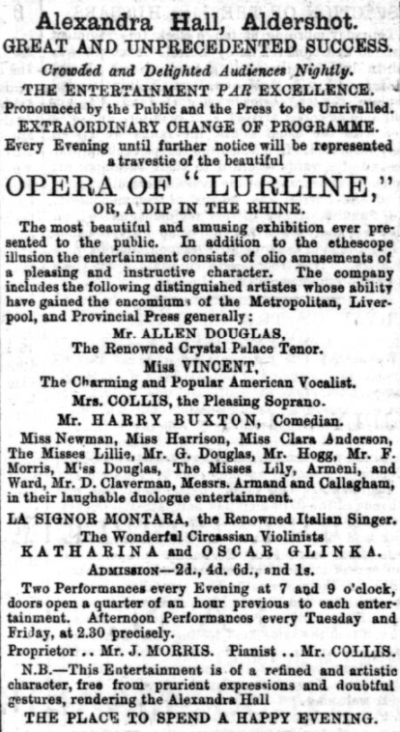 An Advertisement for a production of the Opera 'Lurline' at the Alexandra Hall, Aldershot in 1872 - From the Aldershot Military Gazette, 6th of July 1872.