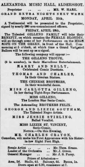 An Advertisement for the Alexandra Music Hall, Aldershot in 1870 - From the Aldershot Military Gazette, 23rd of April 1870.