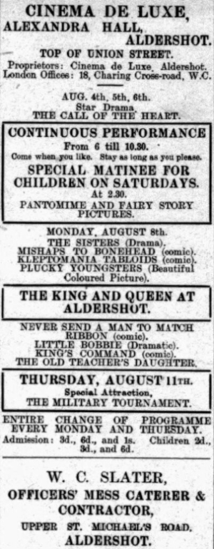 An Advertisement for the Cinema De Luxe at the Alexandra Hall, Aldershot in 1910 - From the Aldershot News, 5th of August 1910.