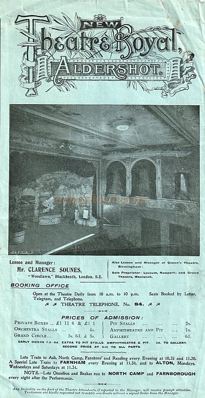 A Programme for the Nelson Grand Opera Company performing at the New Theatre Royal, Aldershot on the 6th to the 8th of October 1902 under the Mangement of Clarence Sounes - Courtesy Simon Moss, stagememories.
