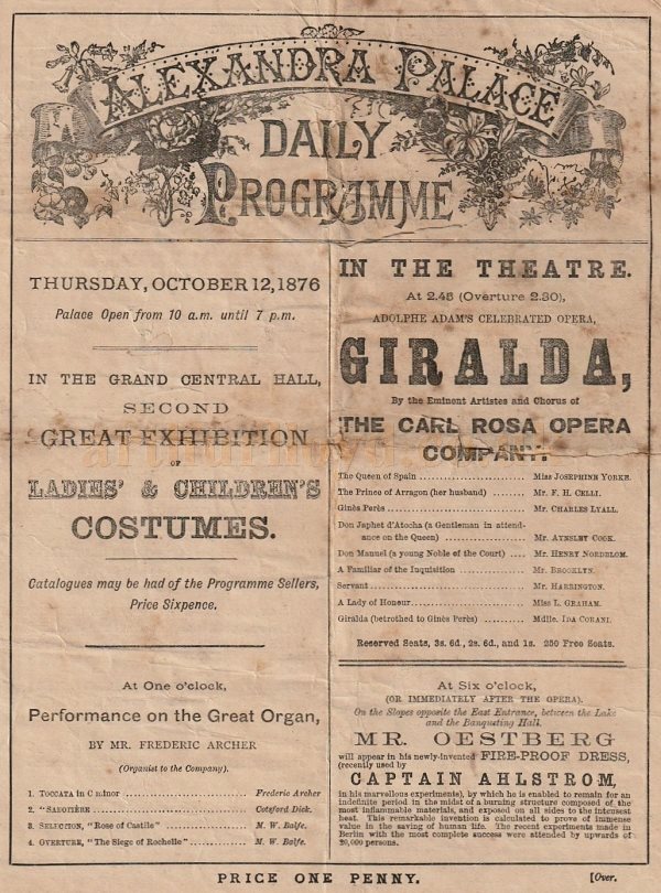A Programme for the Carl Rosa Opera Company's production of 'Giralda' at the Alexandra Palace Theatre on October the 12th 1875 - Courtesy Simon Moss, stagememories.