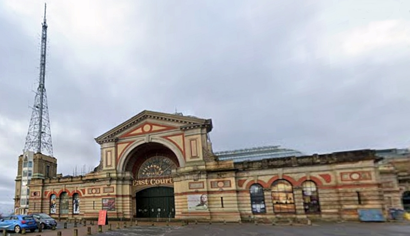 A Google StreetView Image showing the East Court Entrance to the Alexandra Palace and its Theatre in May 2019 - Click to Interact.