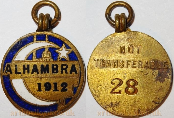 A 1912 Entrance Token for the Alhambra Theatre which may have been an annual pass considering the lowness of the number - Courtesy Alan Judd. 