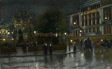 Postcard showing the Alhambra Theatre Leicester Square and also to the left the Empire Theatre.