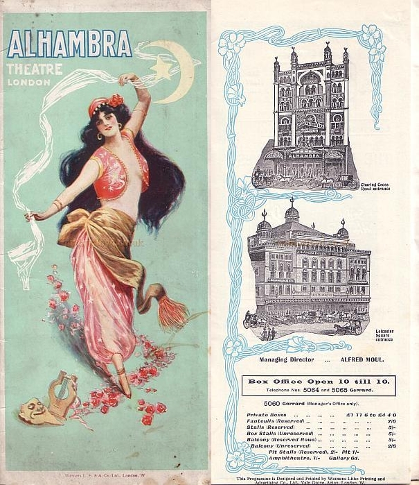 The Front Cover and First Page of a Programme for 'Paquita' at the Alhambra Theatre on October the 12th 1908 showing both the Leicester Square and Charing Cross Road frontages of the Alhambra Theatre - Courtesy John Moffatt.