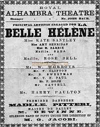 Alhambra Programme 1873 The cast has Kate Santley and Rose Bell who were to have an extraordinary falling out in 1874 while appearing at the Alhambra - Courtesy Leon A. Perdoni. - Click to see entire programme.