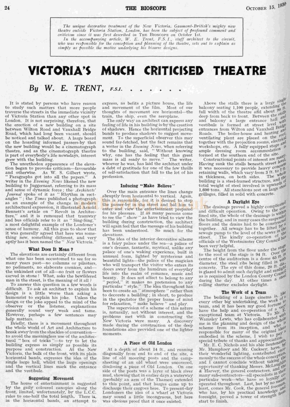 W. E. Trent explains his vision for the New Victoria Theatre - From The Bioscope, 15th of October 1930.
