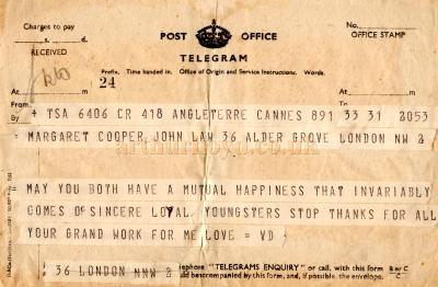 A Telegram from Vivian Van Damm - Courtesy Margaret Law