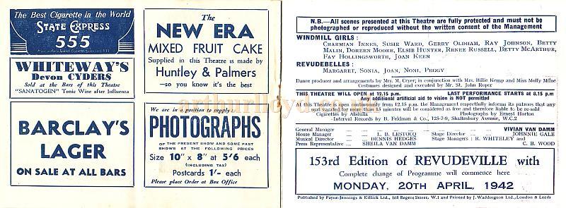 The Windmill Theatre Wartime Revudeville Programme 152nd Edition
