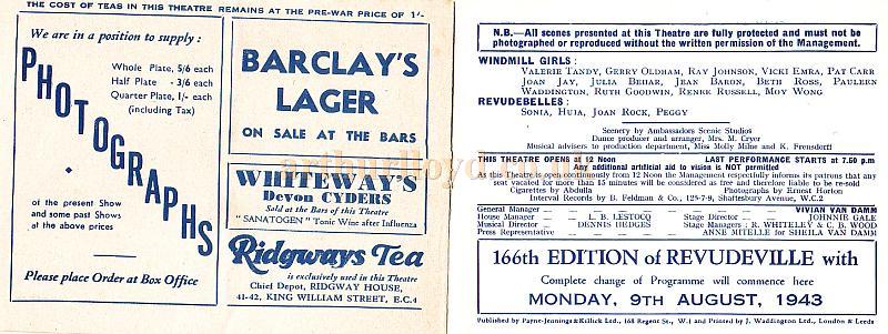 The Windmill Theatre Wartime Revudeville Programme 165th Edition