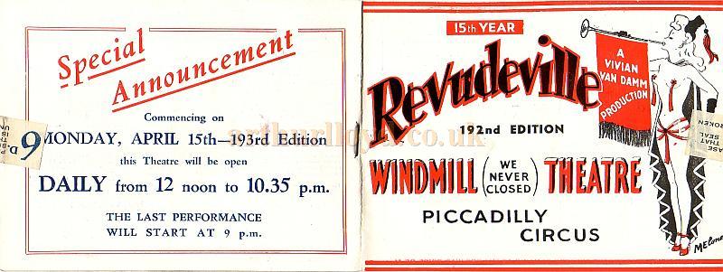 The Windmill Theatre Wartime Revudeville Programme 192nd Edition
