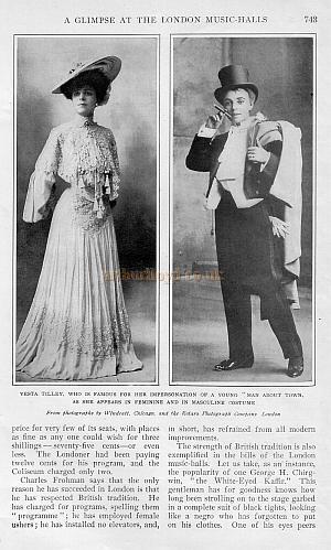 Vesta Tilley, who is famous for her impersinations of a young "Man about town". As she appears in Feminine and Masucline costume. From photographs by Windeatt, Chicago, and The Rotary Photograph Company, London.