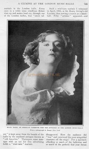 Mlle. Dazie, an American Danseuse who has appeared in the London Music-Halls. From a photograph by Bangs, New York.