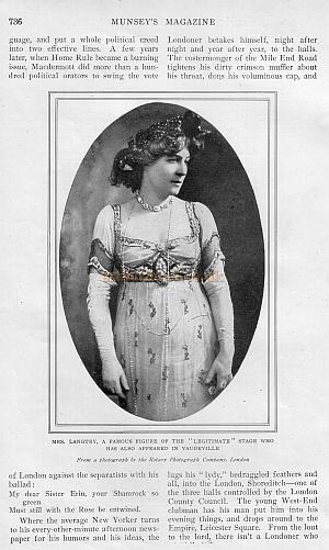 Mrs. Langtry, A famous figure of the 'Legitimate' stage who has also appeared in Vaudeville. From a photograph by the Rotary Photograph Company, London.