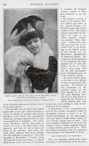 Marie Lloyd, one of the best known and most typical Music Hall artistes of London. From a photograph by The Rotary Photograph Company, London.