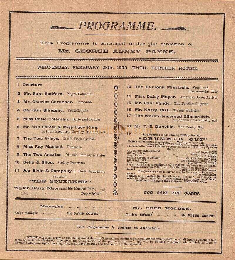 The Canterbury Music Hall dated Wednesday 28th February 1900, generously donated by Mr. John Moffatt.