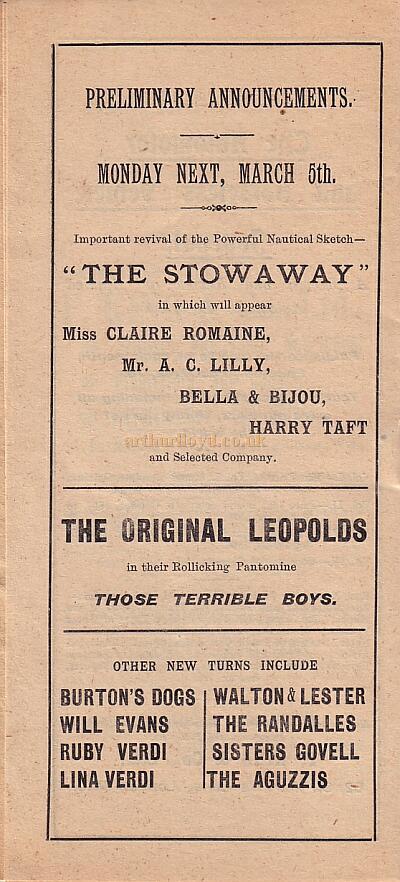 The Canterbury Music Hall dated Wednesday 28th February 1900, generously donated by Mr. John Moffatt.