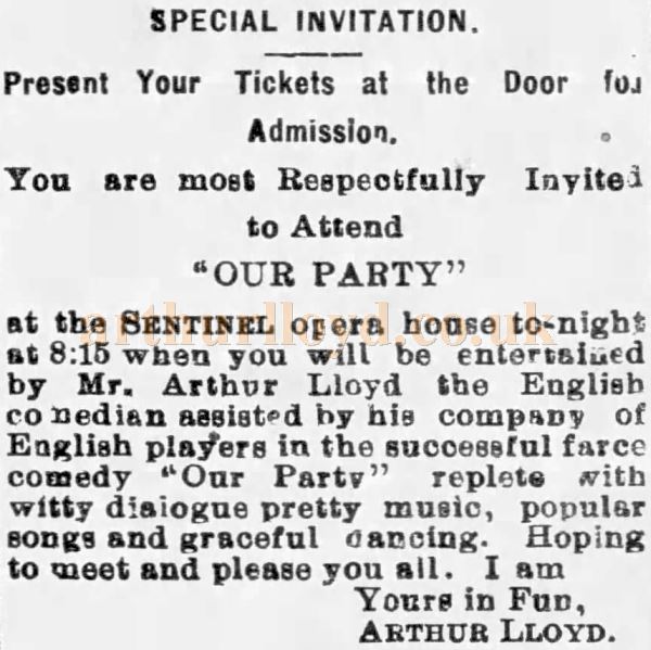 An advertisement carried in the Pennsylvania press, on Friday the 6th of October 1893 for Arthur Lloyd and Company at the Sentinel Opera House in October 1893.