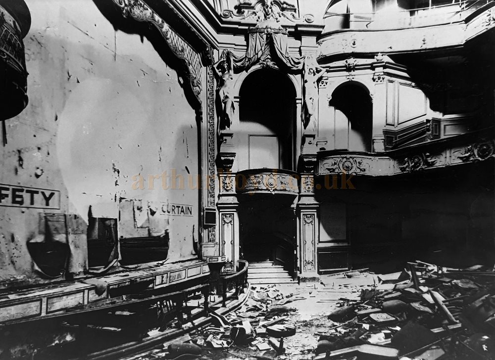 A Photograph showing the auditorium and Safety Curtain of the Bedford Theatre in its derelict state shortly before its eventual demolition in 1969 - Courtesy Martin Clark.
