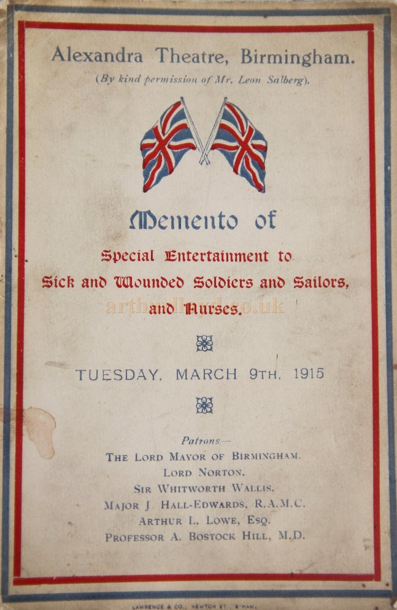 A Special Momento Programme for the Pantomime 'Aladdin' being performed at the Birmingham Alexandra Theatre for the Entertainment of Sick and Wounded Soldiers and Sailors, and Nurses in the early years of the First World War on Tuesday the 9th of March, 1915 - Courtesy Markus Molenda.