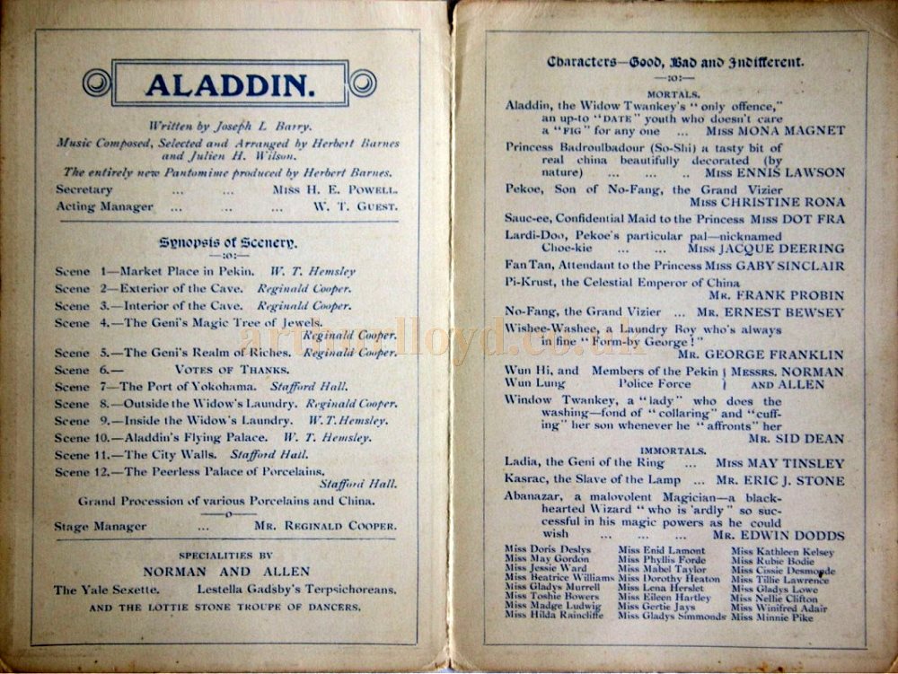 A Special Momento Programme for the Pantomime 'Aladdin' being performed at the Birmingham Alexandra Theatre for the Entertainment of Sick and Wounded Soldiers and Sailors, and Nurses in the early years of the First World War on Tuesday the 9th of March, 1915 - Courtesy Markus Molenda.