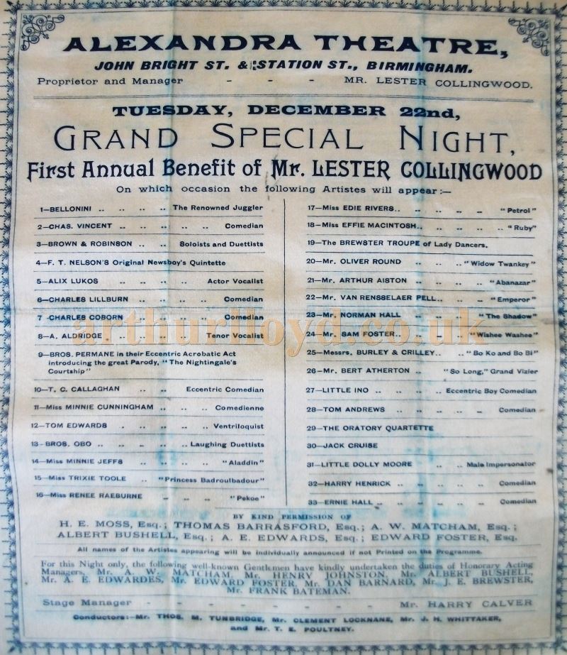 A programme, printed on silk, for Lester Collingwood's 'First Annual Benefit' at the Alexandra Theatre, Birmingham on December 22nd 1903 - Courtesy Brian Yates.