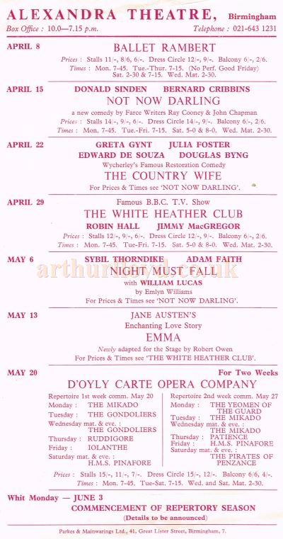 A Flyer showing forthcoming productions at the Alexandra Theatre, Birmingham in the 1960s - Courtesy Roger Fox.