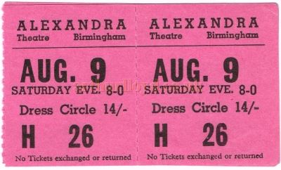 A Ticket for the Alexandra Theatre, Birmingham in the 1960s - Courtesy Roger Fox.