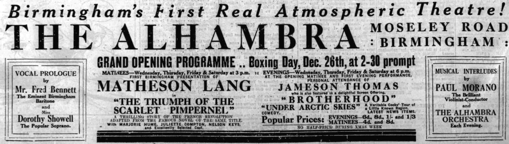An Advertisement for the Opening of the Alhambra Cinema, Birmingham in 1928 - From the Evening Despatch, 22nd of December 1928.