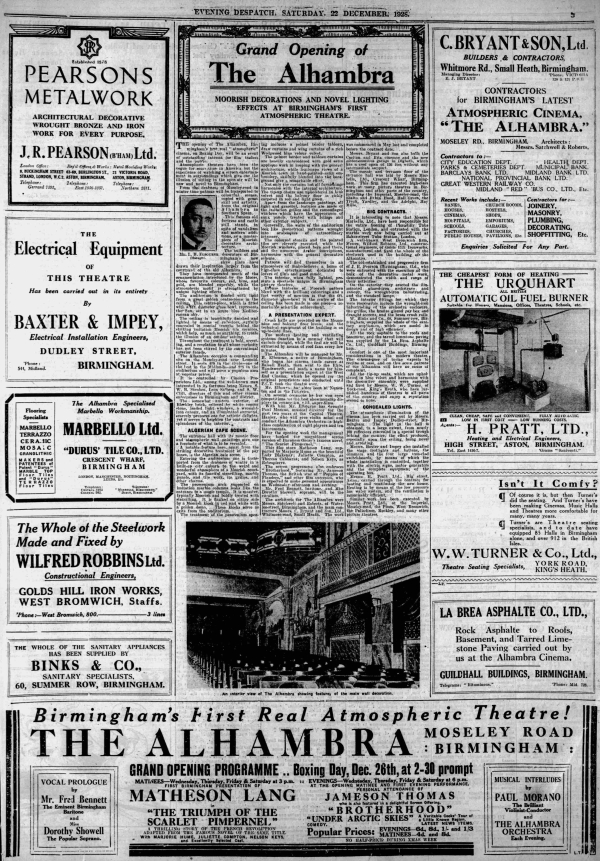 An Illustrated Full Page Advertising Feature on the new Alhambra Cinema, Birmingham from which the text has been Transcribed here - From the Evening Despatch, 22nd of December 1928.