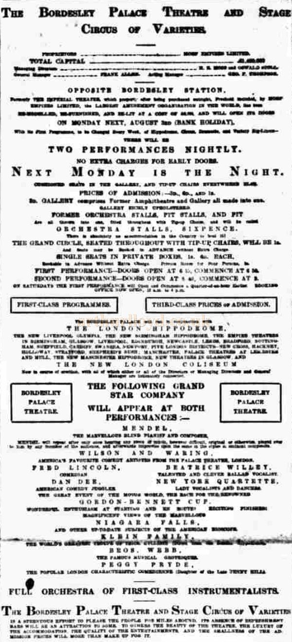 An Advertisement for the soon to be opened Bordesley Palace Theatre, Birmingham - From the Birmingham Daily Gazette, 31st of July 1903.