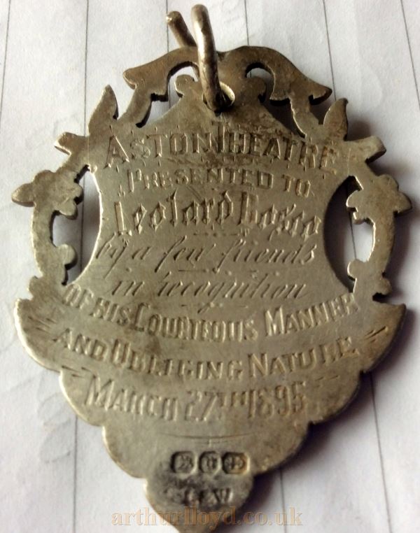 A Watch Fob presented to Leotard Bosco of the Aston Theatre, Birmingham in March 1895, shortly before his death - Courtesy Julie Popplewell whose husband found it whilst metal detecting in Guisborough N. Yorks.