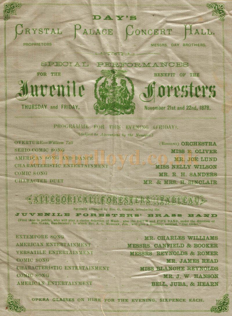 A programme, printed on silk, for Day's Crystal Palace, Birmingham on the 21st and 22nd of November 1878 - Courtesy Keith Belcher.