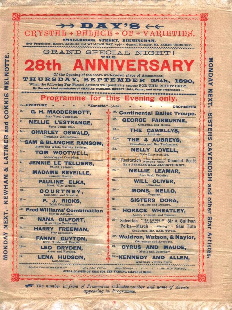 The Silk 28th Anniversary Programme for Day's Crystal Palace, Birmingham, September the 25th 1890 - Courtesy Robert Wild