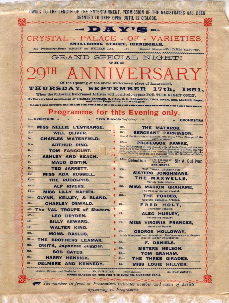 The Silk 29th Anniversary Programme for Day's Crystal Palace, Birmingham, September the 17th 1891 - Courtesy Robert Wild