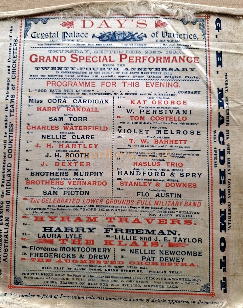 A silk programme dated Thursday the 23rd of September 1886 for a 'Grand Special Performance - Twenty Fourth Anniversary' at Day's Crystal Palace, Birmingham - Courtesy Graham Woolley.