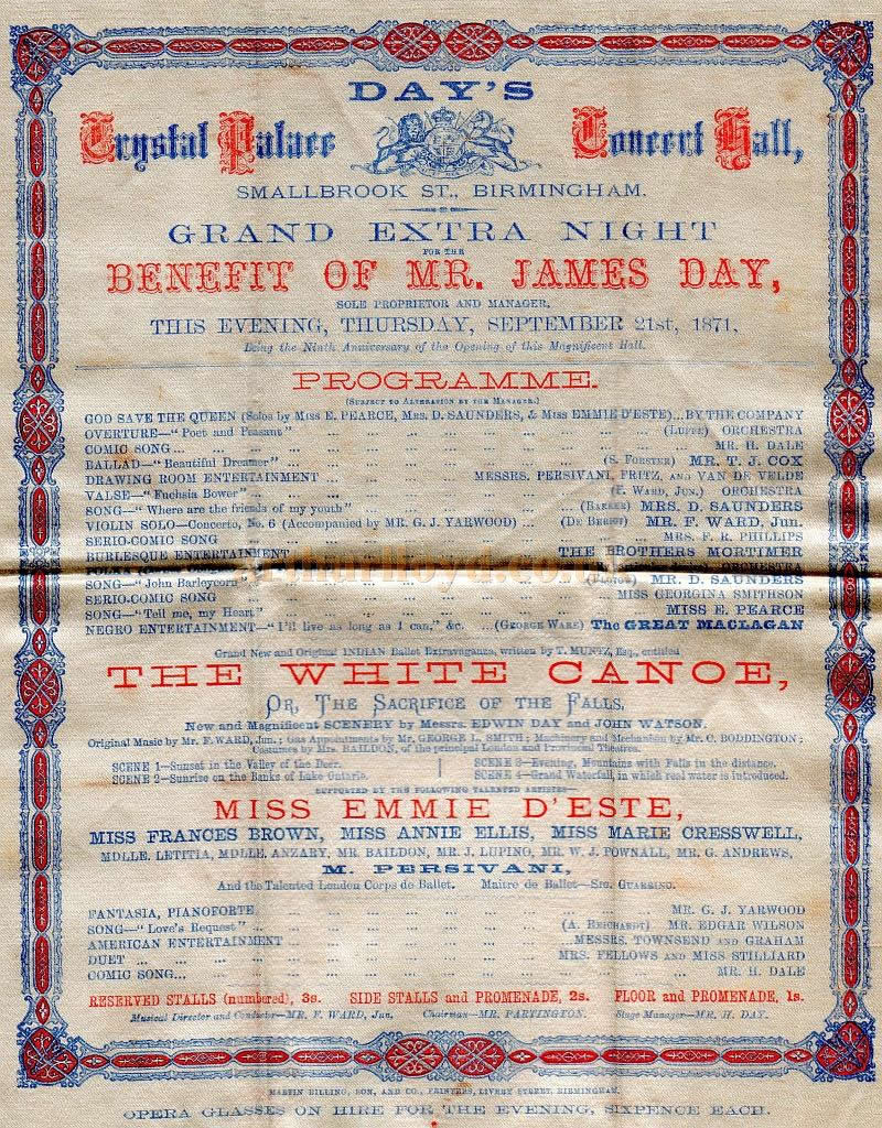 A silk programme dated Thursday the 21st September 1871 for a 'Grand Extra Night' for the Benefit of Mr James Day at Day's Crystal Palace - Courtesy Alec Watson.