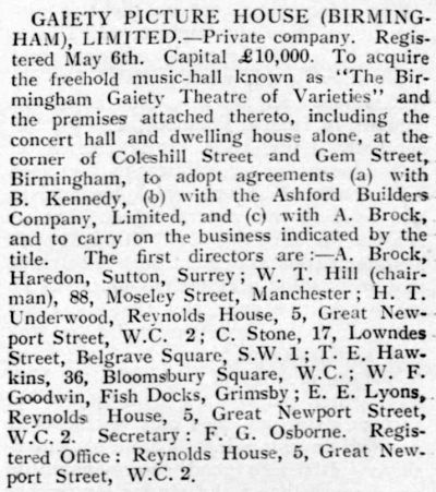 Details of the proposed Gaiety Picture House - From the Bioscope, 22nd of May 1924.