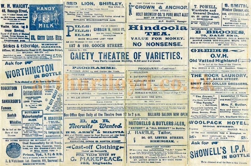 Details from a variety programme for the 14th of June, probably 1909, at the Gaiety Theatre, Birmingham - Courtesy Lynn Stratton.
