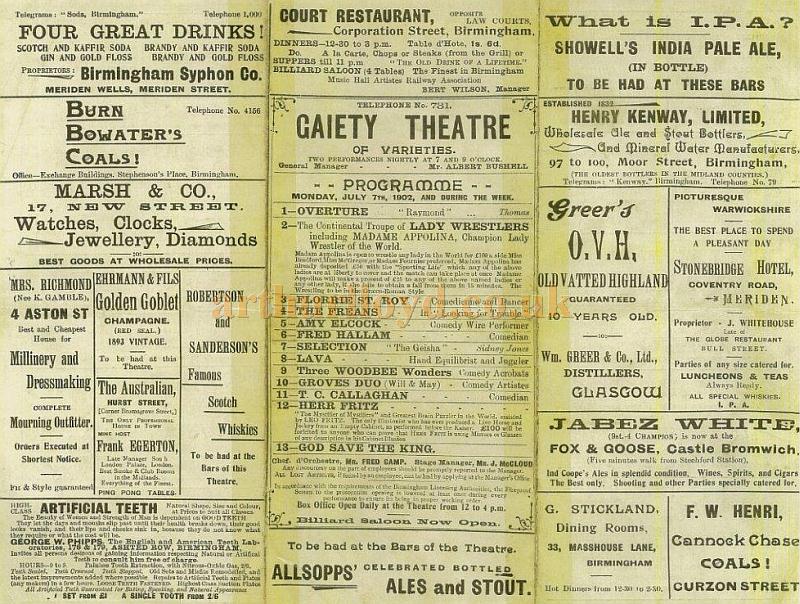A variety programme for the 7th of July 1902 at the Gaiety Theatre, Birmingham - Courtesy Lynn Stratton. 