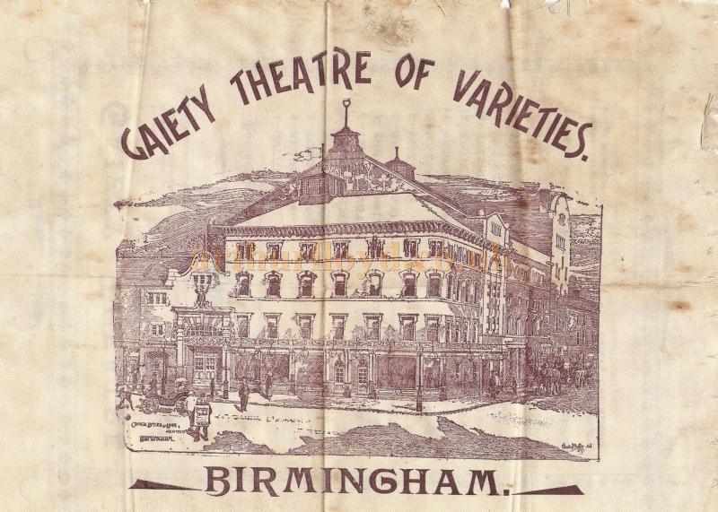 The Gaiety Theatre of Varieties, Birmingham - From the opening night programme, printed on silk, for the 8th of November 1897 - Courtesy Lynn Stratton