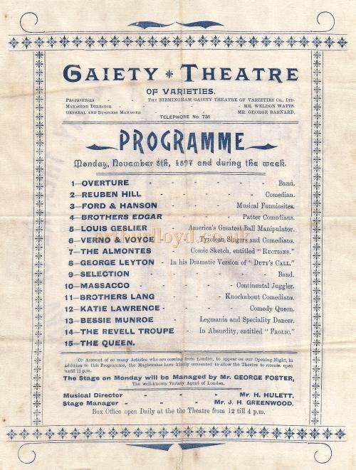 The opening night programme for the Gaiety Theatre of Varieties, Birmingham, printed on silk, for the 8th of November 1897 - Courtesy Lynn Stratton.