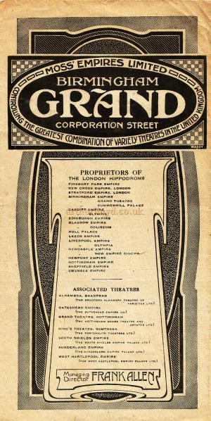 Programme Details for a Variety Performance at the Grand Theatre, Birmingham on Monday the 1st of December 1919, with Vesta Tilley topping the Bill.