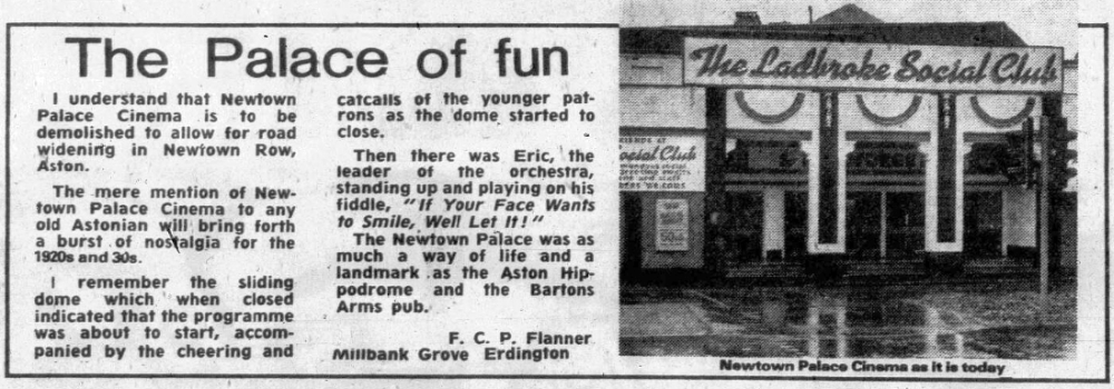 A letter from a reader lamenting the closure of the Newtown Palace in 1983 - From the Birmingham Mail, 5th of January 1983.